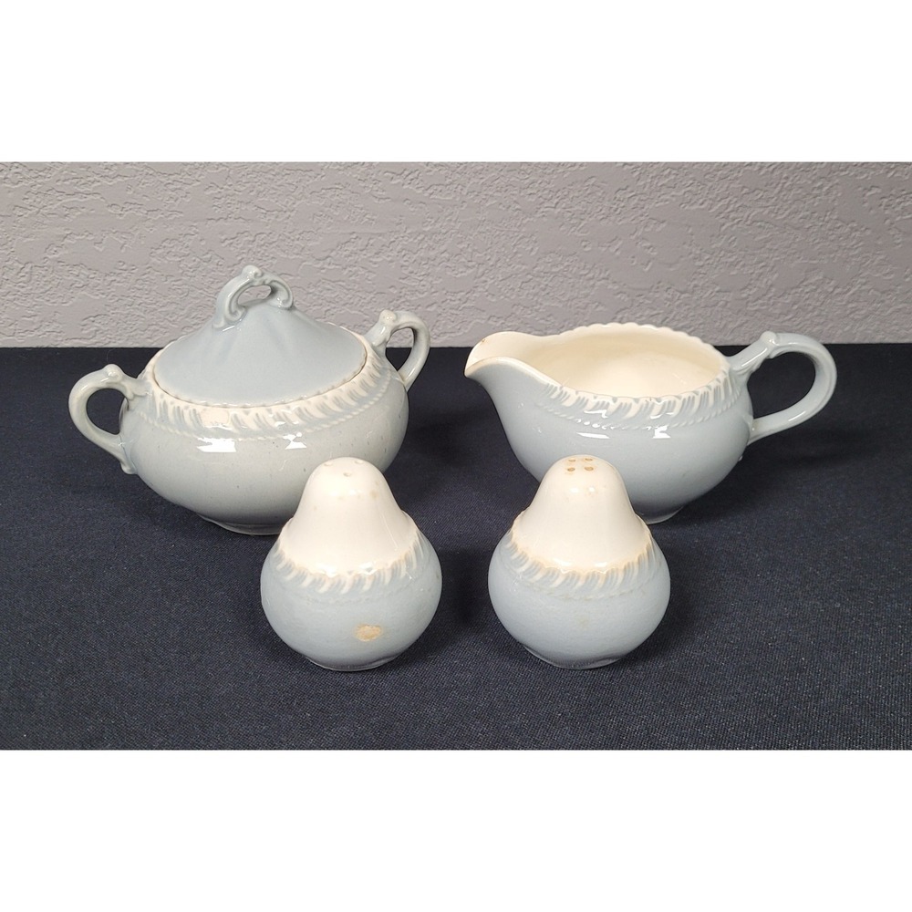 VTG 1950s Harkerware Chesterton Gray Creamer Sugar Salt Pepper Shaker Set - Read